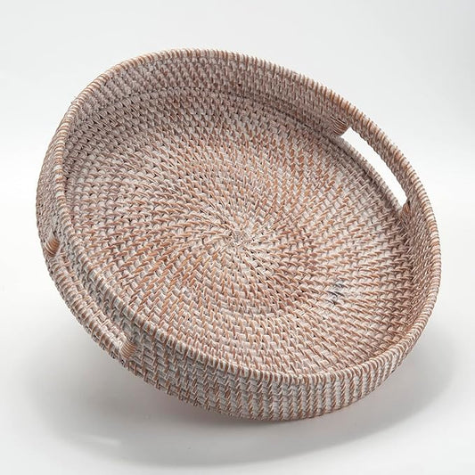 Coffee Table Tray Round Rattan Ottoman Tray Woven Serving Trays with Handles for Home and Kitchen Decorative Whitewash (Large 16.9 inch)