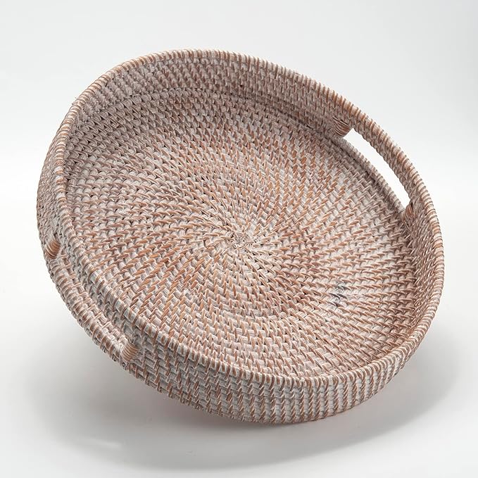Coffee Table Tray Round Rattan Ottoman Tray Woven Serving Trays with Handles for Home and Kitchen Decorative White (Large 14 inch x 2.4 inch)