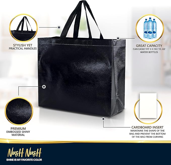 Nush Nush Set of 30 Black Gift Bags Bulk - Shiny Black Reusable Large Gift Bags with Handles - Ideal for Small Business, Big Parties and Events, Corporate Gifts, Halloween, Graduation - 13x5x11
