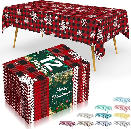 Smiry 12 Packs Buffalo Disposable Table Cloth, 54 x 108 Inch Waterproof Plastic Tablecloth, Rectangle Snowflake Red Checkered Table Covers for Picnic, Christmas, Birthday, Party
