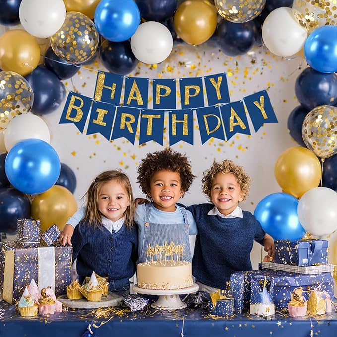 Navy Blue and Gold Confetti Balloons - 50pcs 12 Inch Metallic Blue Gold Matte White Latex Balloons with 33 Feet String for Birthday Wedding Gender Reveal Party Decorations