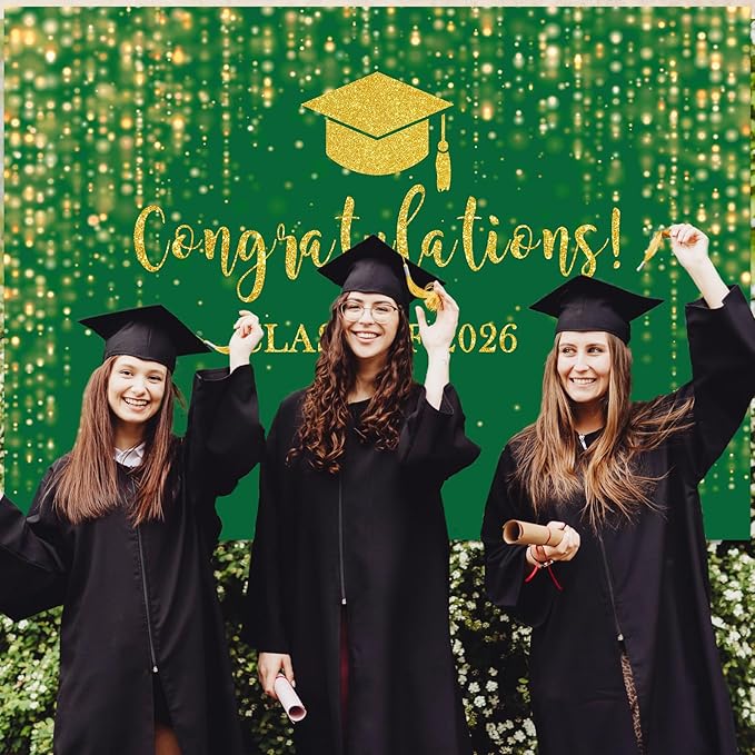Mocsicka Class of 2026 Backdrop Green Gold Glitter Bokeh Graduation Party Background 2026 Congrats Grad Prom Party Cake Table Decoration Photo Booth Props (10x7ft)