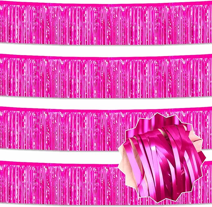 4 Pack 10 Ft Fuchsia Foil Fringe Garland Metallic Streamers Tinsel Banner Wall Hanging Garland Backdrop for Parade Floats, Halloween, Christmas, Thanksgiving, New Year Party Decorations