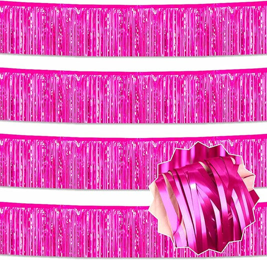 4 Pack 10 Ft Fuchsia Foil Fringe Garland Metallic Streamers Tinsel Banner Wall Hanging Garland Backdrop for Parade Floats, Halloween, Christmas, Thanksgiving, New Year Party Decorations