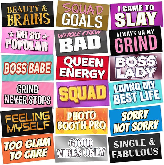 24 Designs Funny Photo Booth Props Sign Decor Double Sided Photobooth Accessoires 11x5.5 Inch Funny Props for Photoshoot DIY Waterproof PVC Selfie Signs for Graduation Birthday All Occasions Party