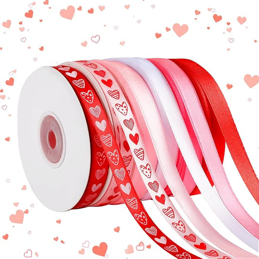 6 pcs Valentine’s Day Ribbon Set, 3/8 Inch Heart Satin Ribbons for Candy Gift Wrapping Flower Home Decoration(Red Pink)