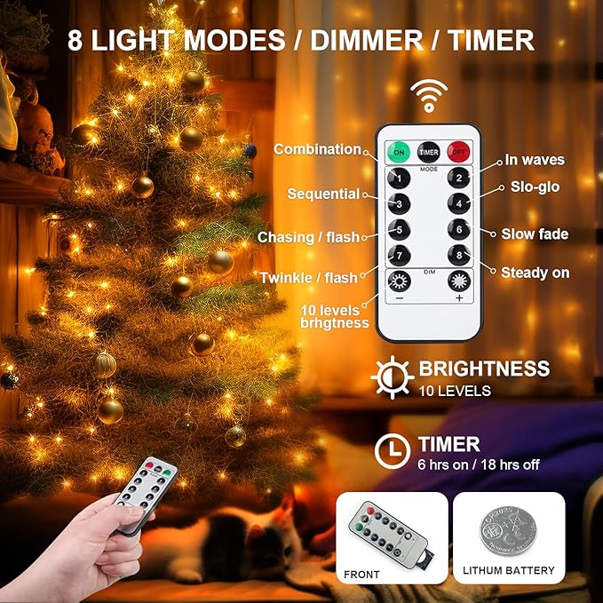 Aogist 2-Pack 50LED Fairy Lights 16ft Dual Power(USB/Battery) with Remote & Timer,8 Modes Flexible Copper Wire Waterproof String Lights for Outdoor Christmas Wedding Bedroom Party Decor,Warm White