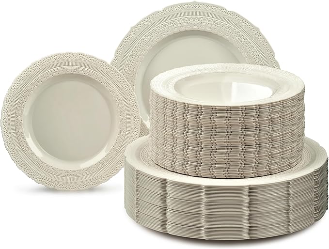 OCCASIONS 120 Guests Heavy Duty Disposable Plastic Plates Set ??11" Dinner & 8.25" Salad Plates, Premium Reusable Party Plates for Weddings, Events, Fancy Dinnerware ??Chateau Ivory