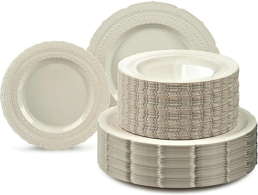 OCCASIONS 120 Guests Heavy Duty Disposable Plastic Plates Set ??11" Dinner & 8.25" Salad Plates, Premium Reusable Party Plates for Weddings, Events, Fancy Dinnerware ??Chateau Ivory