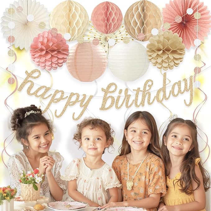 Boho Pink Happy Birthday Decorations for Women Girls, Pre-Strung Happy Birthday Banner with Honeycomb Balls, Paper Flowers, Lanterns, Fans, Hanging Swirls, Circle Dots Garland for Party 24pcs