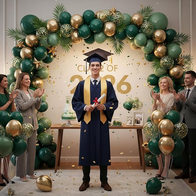Sage Green and Gold Balloons, 12 Inch Emerald Forest Hunter Dark Green Metallic Gold Latex Balloon with Confetti Balloon for Wild One Jungle Birthday Graduation Safari Baby Shower Decorations Supplies