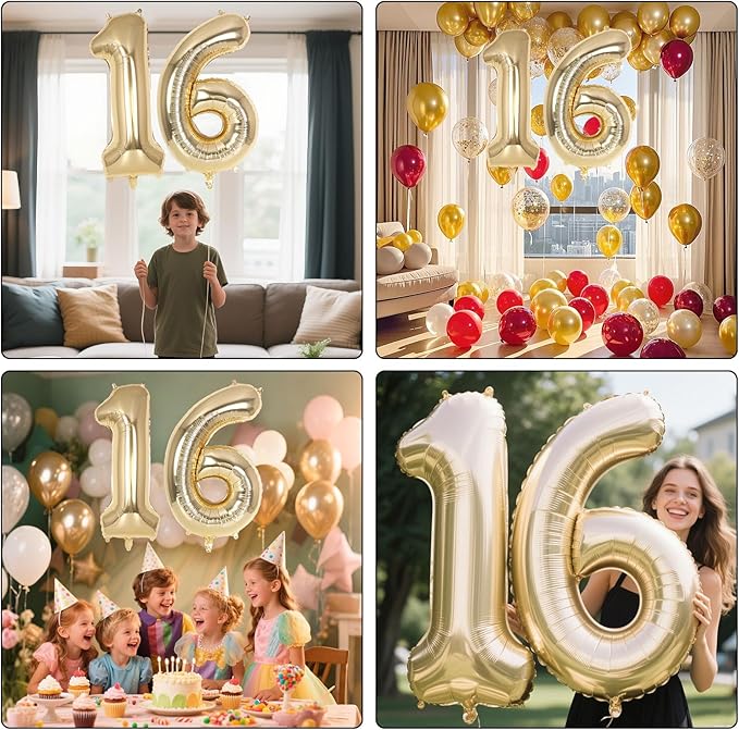 Champagne Gold Large Number 16 Balloon, 40 Inch Light Gold Foil Helium Number Balloons, Giant Mylar Number 16 Balloons for 16 Years Old Birthday Party Anniversary Decorations (Champagne Gold 16)