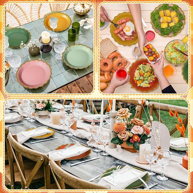 96 Pcs Colorful Paper Plates 9 Inch Boho Scalloped Paper Disposable Dinner Dessert Plates for Birthday Wedding Bridal Party Supplies, 6 Colors