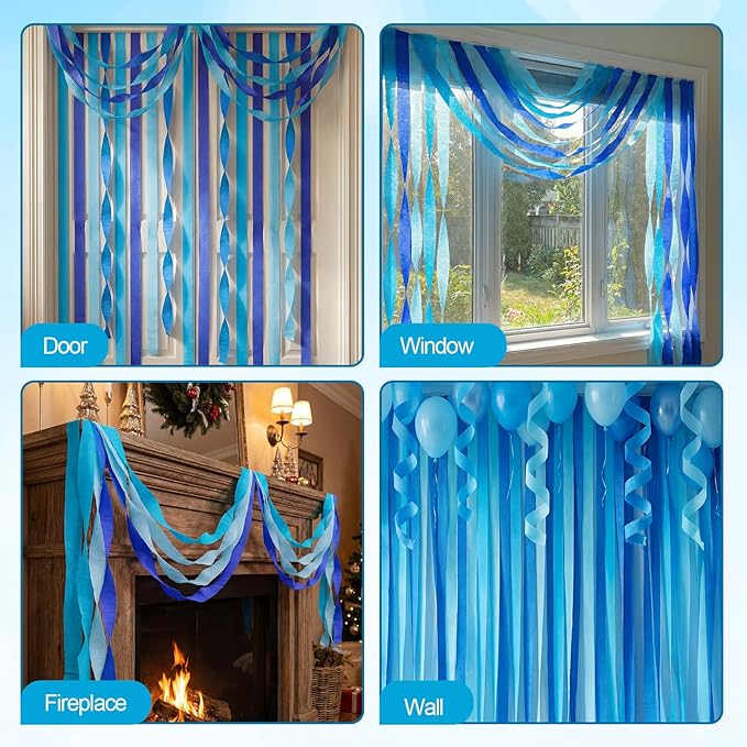 Blue Crepe Paper Streamers 9 Rolls 738ft, Blue Streamers Party Decorations for Party Baby Shower Gender Reveal Birthday Wedding Graduation Decor,1.77 Inch x 82 Ft/Roll