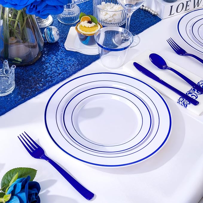 WELLIFE 700 Pcs Blue Plastic Plates for 100 Guests - Plastic Dinnerware Set,Party Supplies Includes 200 Blue Plates,300 Disposable Silverware,100 Napkins,100 Cups