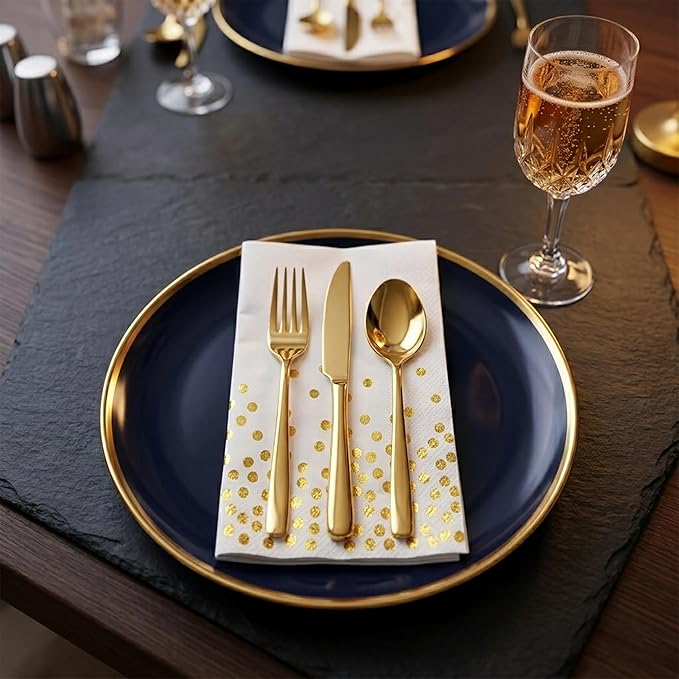 80 Pcs White Paper Napkins with Gold Foil Polka Dots, Disposable Cocktail Napkins for Party, Baby Shower, Wedding & Birthday, Bulk Beverage and Dinner Napkins