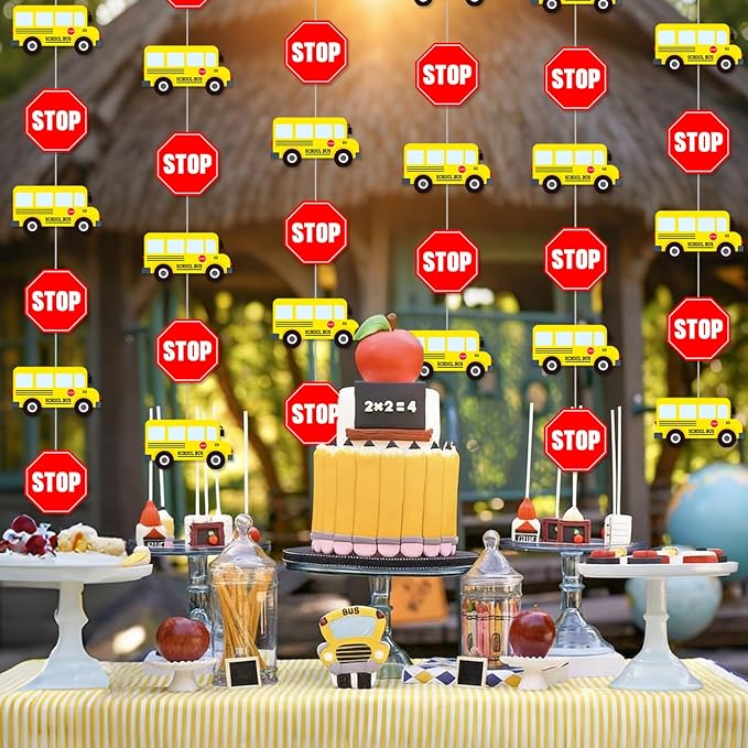 School Bus Garlands 6 Pieces Back to School Party Decorations Hanging Banners with Stop Signs Wheels on the Bus Birthday Party Decorations for Classroom Theme Shool Ceiling Decor Supplies