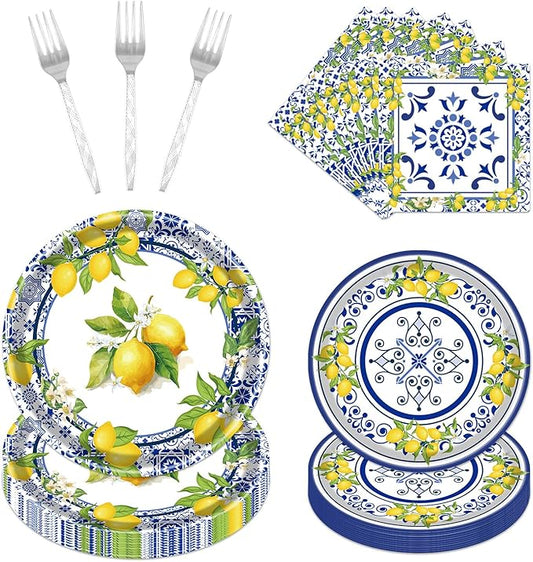 Rakuto Lemon Party Plates Supplies - 96PCS Lemon Party Decorations Supplies Tiles Yellow Lemon Party Paper Plates Napkins Fork Tableware Summer Fruit Lemon Decor Disposable Party Dinnerware(24 Guests)