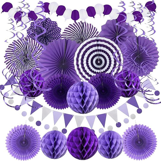 Purple Party Decorations, Birthday Party Supplies Easy Assembly Paper Fan Honeycomb Ball Garland Hanging Swirl for Graduation Birthday Baby Shower Bridal Shower Wedding Party Decorations