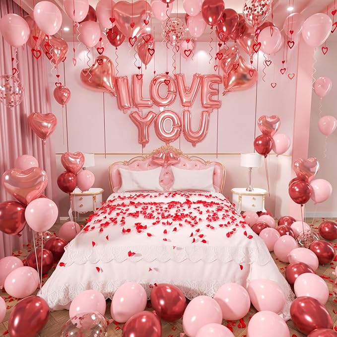 Valentines Day Balloons Garland Arch Kit, Rose Gold Pink Heart I love You Balloons Rose Petals for Galentine's Day Birthday Wedding Anniversary Engagement Valentines Party Decor Special Night
