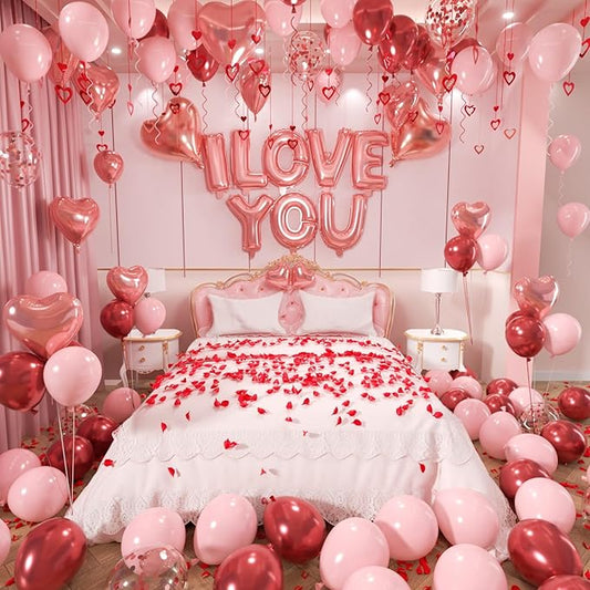 Valentines Day Balloons Garland Arch Kit, Rose Gold Pink Heart I love You Balloons Rose Petals for Galentine's Day Birthday Wedding Anniversary Engagement Valentines Party Decor Special Night