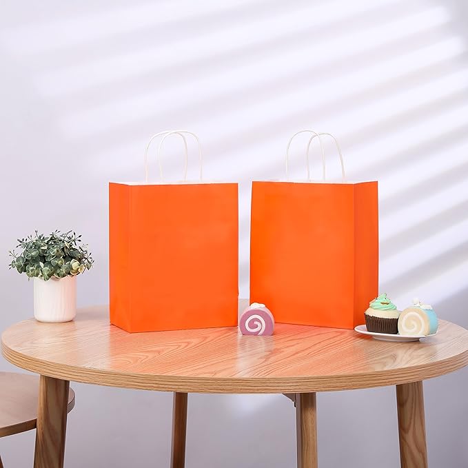 SUNCOLOR 25 Pack Orange Gift Bags with Handles – 8x4.5x10 Medium Bags for Shopping, Retail, DIY, Wedding, Party Favors & Special Occasions