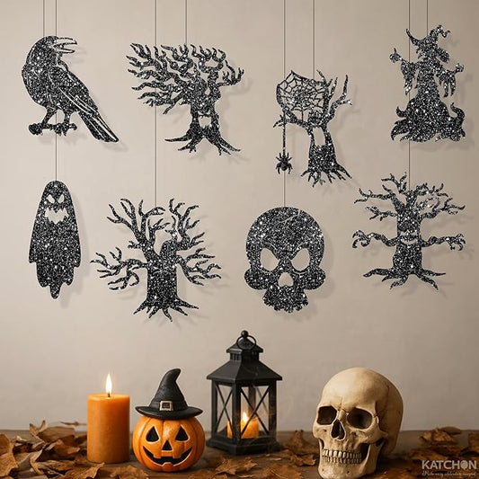 KatchOn, Glitter Black Halloween Garland - Huge, Pack of 10 | Halloween Decorations | Spooky Scary Swirl Streamers with Ghost, Witch, Skull, Raven, Pumpkin & Tree Cutouts | Spooky Party Hanging Decor
