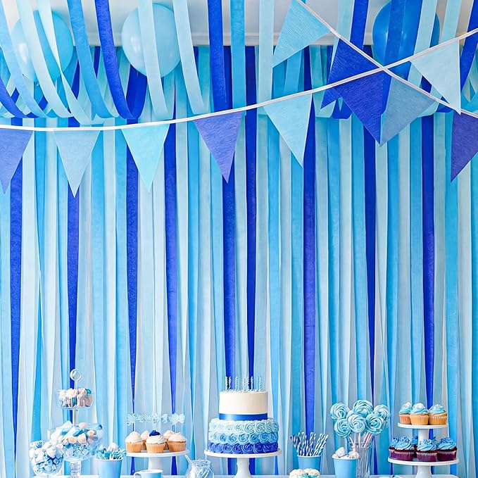 Blue Crepe Paper Streamers 9 Rolls 738ft, Blue Streamers Party Decorations for Party Baby Shower Gender Reveal Birthday Wedding Graduation Decor,1.77 Inch x 82 Ft/Roll