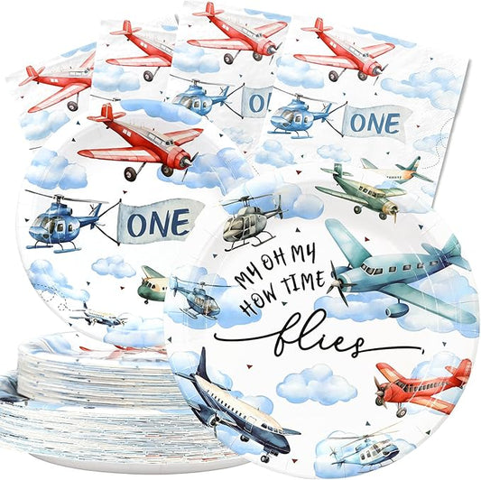 Airplane Birthday Party Supplies for 40 Guests – Oh How Time Flies Airplane Plates and Napkins– Plane Themed Disposable Tableware Set for Boys 1st Birthday Decorations