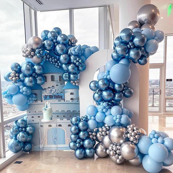 Jobkoo Blue and White Balloons, 60 Pcs 12 Inch Pastel Baby Blue Silver Latex Balloon with Metallic Confetti Balloons Graduation Balloon for Boys Birthday Baby Shower Christening Grad Party Decorations