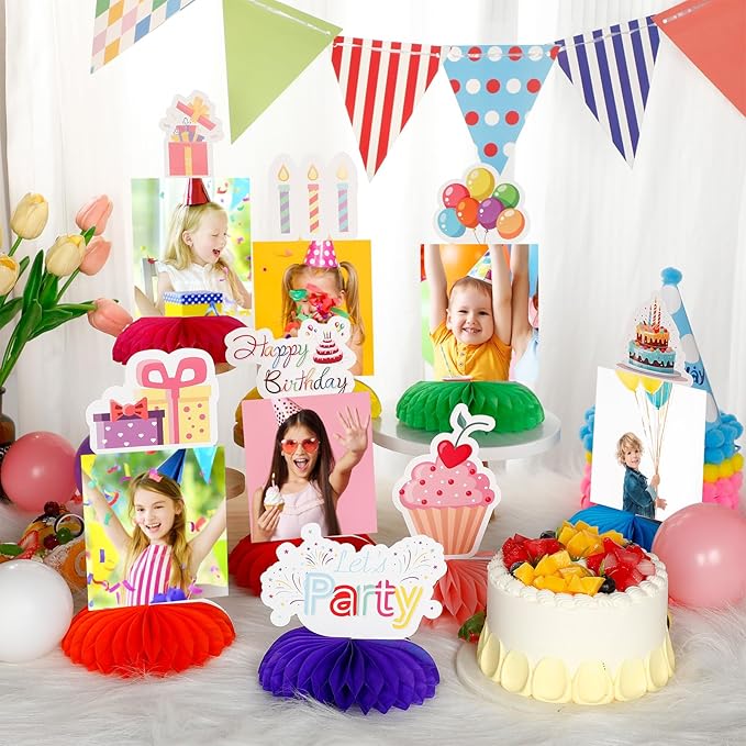 Spiareal Birthday Photo Centerpieces for Tables Honeycomb Rainbow Desk Decorations Colorful Happy Birthday Party Supplies Picture Display for Party Favor Baby Shower Table Decoration