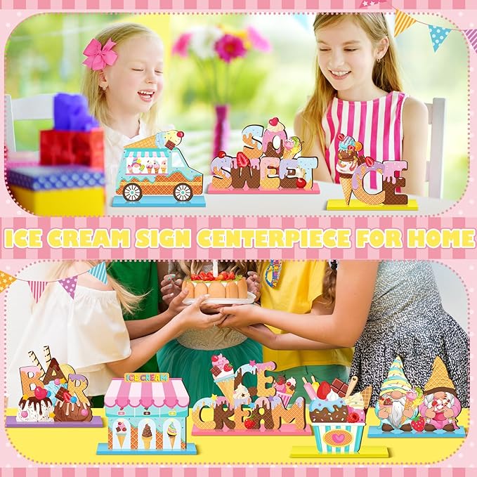 Marsui 12 Pcs Ice Cream Table Wooden Decorations Summer Ice Cream Table Centerpiece Tiered Tray Decor Signs Party Decorations Truck Gnome Home Decor for Summer Birthday Party Supplies