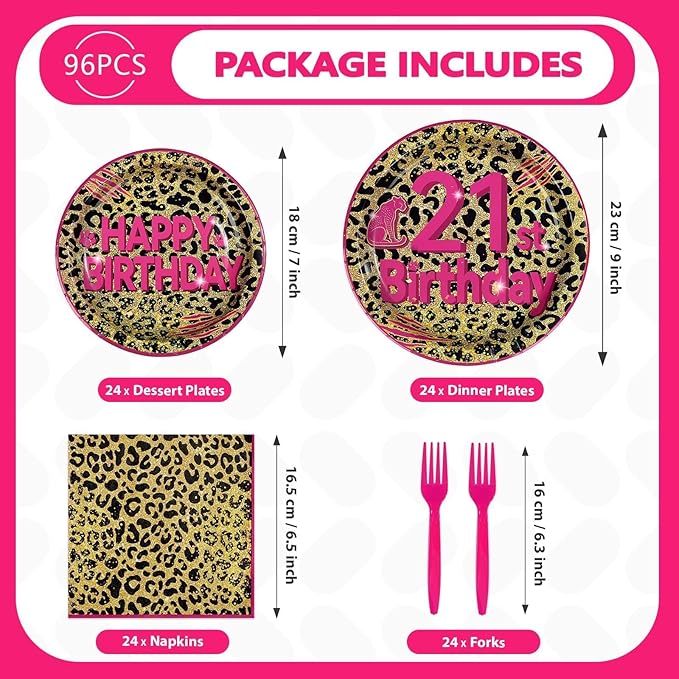 21st Birthday Decorations for Her, 96Pcs Cheetah Leopard Print Plates and Napkins Pink Leopard Print Supplies Happy 21st Birthday Tableware Set for Girls Safari Animal Party Decorations Serves 24