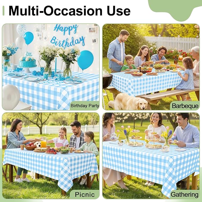 misaya 4 Packs Buffalo Disposable Table Cloth, 54 x 108 Inch Waterproof Plastic Tablecloth, Rectangle Baby Blue and White Checkered Table Covers for Picnic, Birthday, Party