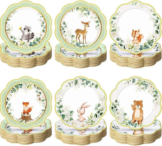 Funnymoom 60 Pcs 7 Inch Woodland Animals Baby Shower Paper Plates Woodland Creatures Decorations Tableware Baby Gender Neutral Plates for Forest Animal Theme and Birthday Party Supplies