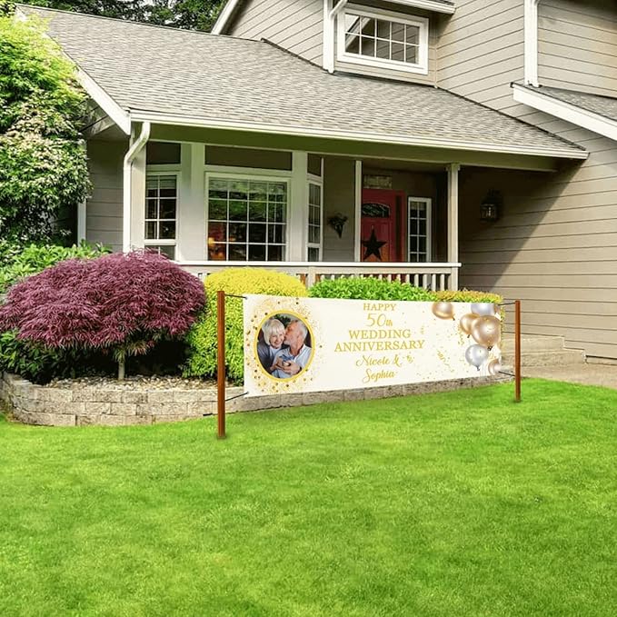 Happy Anniversary Banner Personalized Name Photo Custom Wedding Celebration Banners and Signs Customize Decoration for Couple 4'x2'