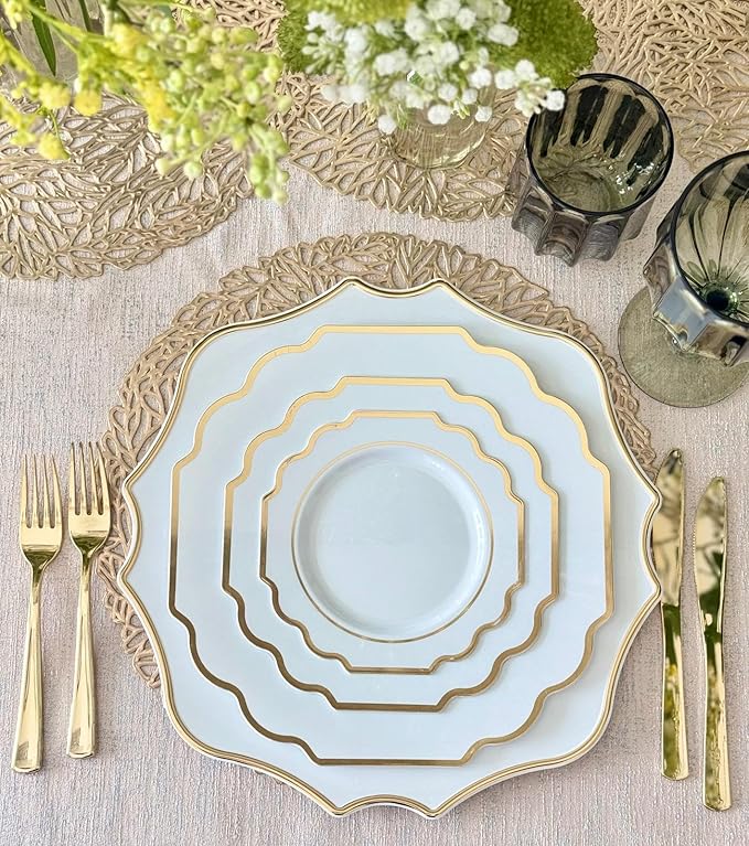 " OCCASIONS " 960 Piece set (120 Guests)-Heavyweight Wedding Party Disposable Plastic Plate Set - 120 x 10.5'' + 120 x 8'' + Silverware + Cups + Napkins (Imperial White & Gold)