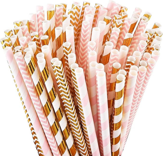 ALINK Biodegradable Paper Straws, 100 Pink and Gold Straws for Party Supplies, Birthday, Wedding, Bridal/Baby Shower, Christmas Decorations and Holiday Celebrations