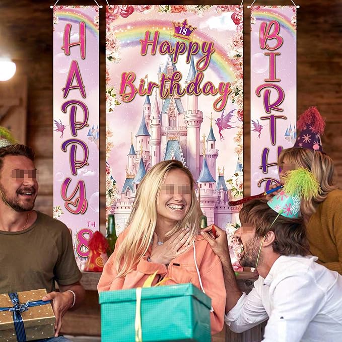 Custom Photo Birthday Banner Set Personalized Door Banners Polyster Backdrop Party Decorations Supplies Background for Birthday Newborn Baby Shower Celebration(Castle)