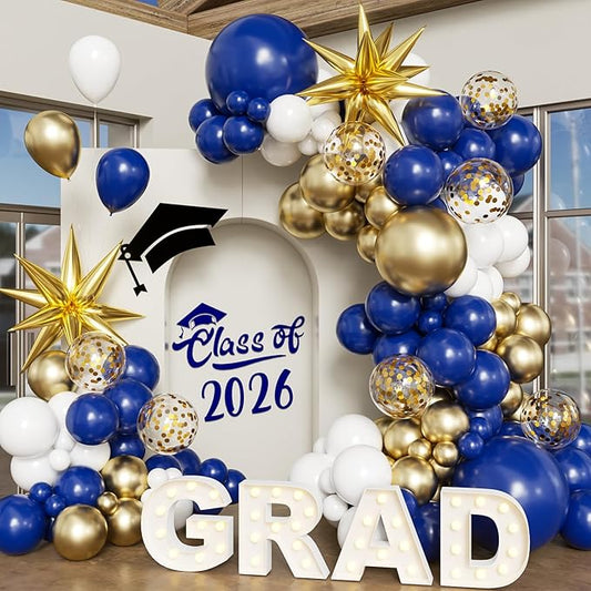 Navy Blue White Gold Balloon Arch Kit, 2026 Graduation Decorations, 130Pcs Blue Gold White Balloons with Foil Star Confetti Balloons for College High School Graduation Decorations Class of 2026