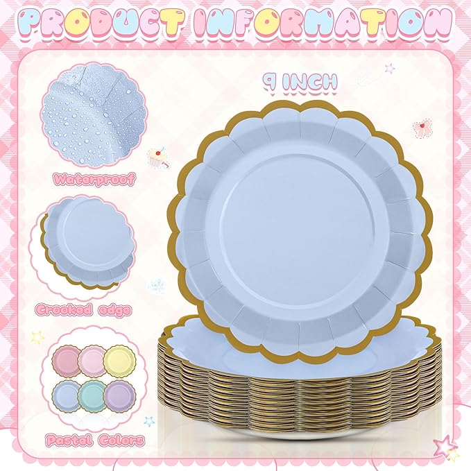 96 Pcs Pastel Paper Plates 9 Inch Colorful Gradient Scalloped Paper Disposable Dinner Dessert Plates for Birthday Wedding Bridal Party Supplies, 6 Colors