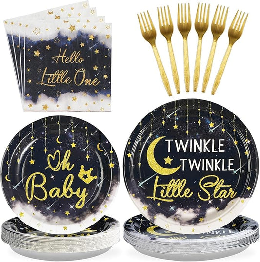 96Pcs Twinkle Twinkle Little Star Party Decoration Star Moon Baby Shower Plates and Napkins Navy Blue Gender Reveal Tableware Set for Boys Girls Baby Shower Celestial Birthday Party Supplies Serves 24