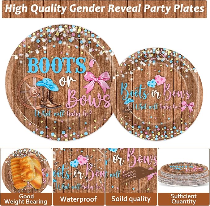 96Pcs Boots or Bows Gender Reveal Decorations Boy or Girl Paper Plates Napkins Blue or Pink Tableware Dinnerware Set Disposable Party Supplies for Baby Shower Gender Reveal Party Favors Serves 24