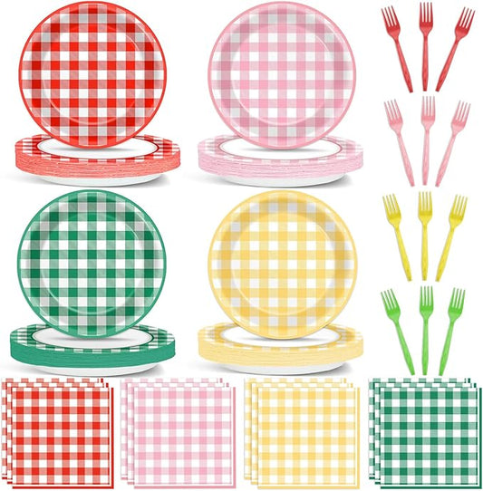 96 Pcs Camp Checkered Paper Plates and Napkins Plaid Checkered Bachelorette Party Supplies Glamping Birthday Tableware Set Spring Summer Plaid Camping Themed Party Favors Baby Bridal Shower