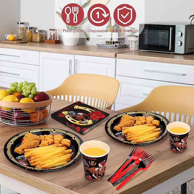 Kochorie 144 Pieces Kentucky Derby Horse Racing Party Tableware Sets Including Disposable Plates Napkins Cups Forks Serves 24 for Derby Day Horse Theme Party Supplies