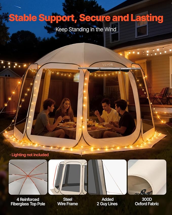 VEVOR Pop up Screen House Tent, 12 x 11 ft, 10-12 Person Screen Gazebo with Extended Awning, Portable Screened in Canopy with Carry Bag, Netting Sides, for Patio, Backyard, and Outdoor Activities