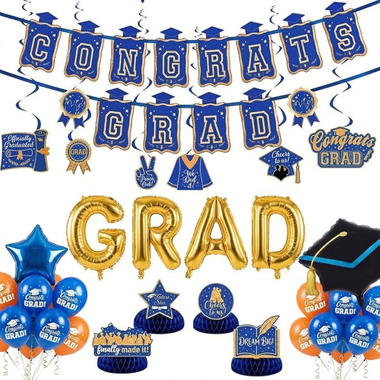 Blue Orange Gold Balloons GRAD Print Balloons with Banner Table Honeycomb Centerpieces Hanging Swirl star GRAD Letters Mylar Balloons for 2026 graduate Prom Decorations