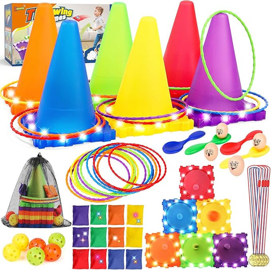 Eocolz 49PCS Carnival Games Outdoor Combo Set for Kids with LED Light, Plastic Cones Obstacle Course Bean Bags Balls Ring Toss Game Egg and Spoon Race Lawn Game, Gift for Birthday Party/Xmas/Easter