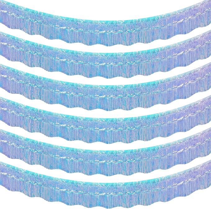 LOLStar 6 Pack Iridescent Blue Tinsel Foil Fringe Garland Birthday Party Decorations, 59Ft Tinsel Streamers Banner, Glitter Photo Booth Prop Table Skirt for Mermaid Frozen Sea Euphoria Party Decor
