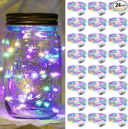 Fairy Lights 7Ft 20 LED Twinkle String Lights 3 Modes Battery Operated Waterproof Firefly Starry for Mason Jar Party Wedding Easter Valentines Day Table Centerpieces(Rainbow-Pastel, 24 Pack)